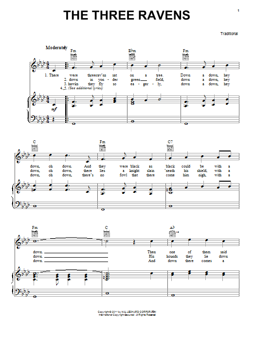 Download Traditional The Three Ravens Sheet Music and learn how to play Piano, Vocal & Guitar (Right-Hand Melody) PDF digital score in minutes