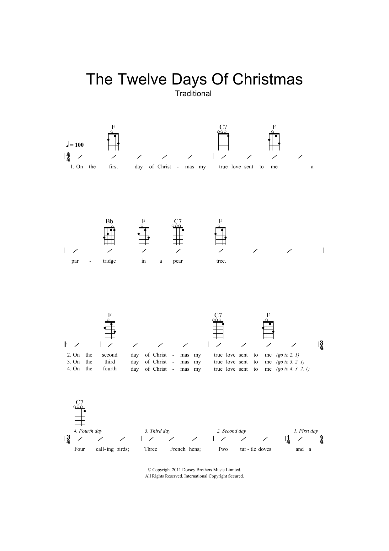 Download Traditional The Twelve Days Of Christmas Sheet Music and learn how to play Ukulele with strumming patterns PDF digital score in minutes