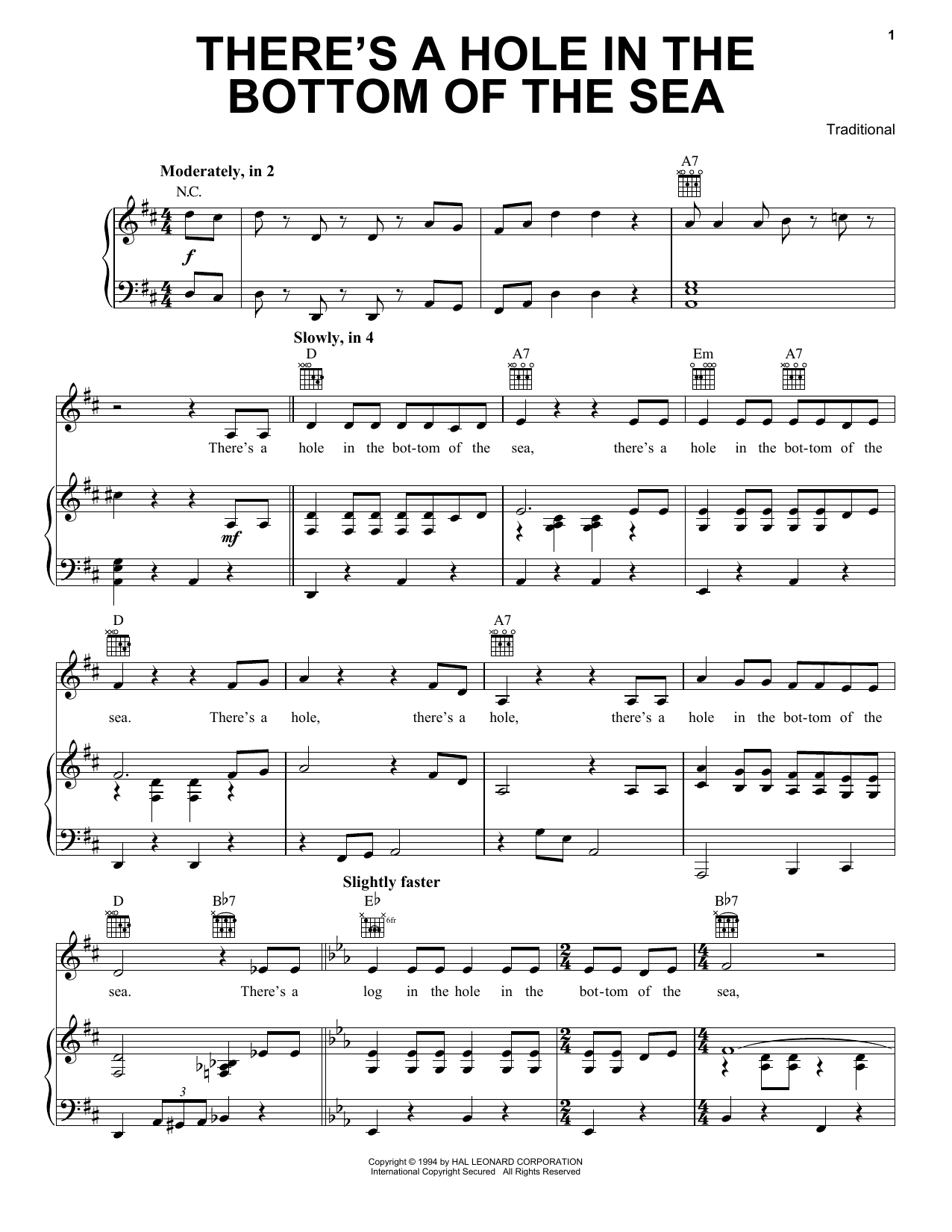 Download Traditional There's A Hole In The Bottom Of The Sea Sheet Music and learn how to play Piano, Vocal & Guitar Chords (Right-Hand Melody) PDF digital score in minutes