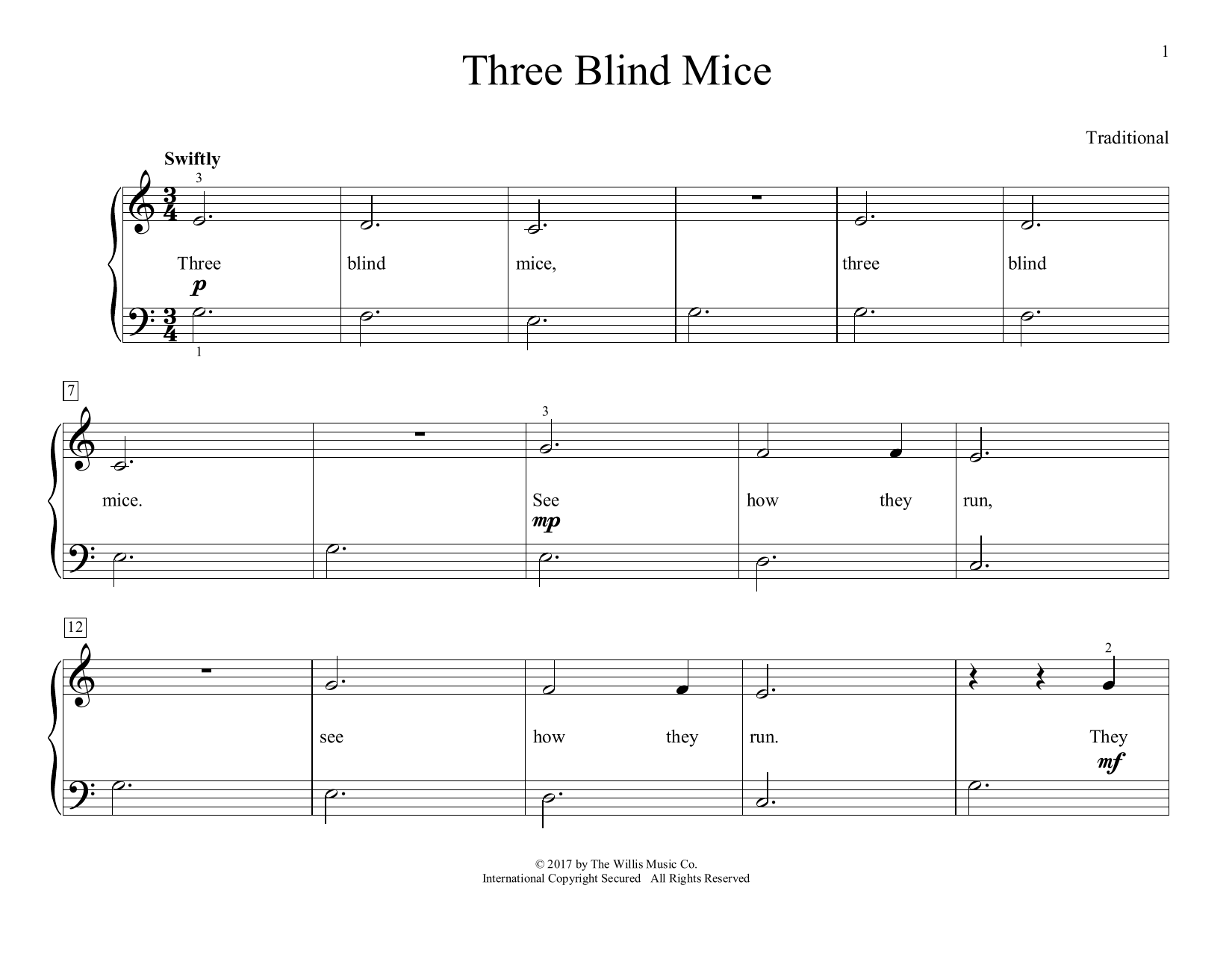 Download Traditional Three Blind Mice (arr. Christopher Hussey) Sheet Music and learn how to play Educational Piano PDF digital score in minutes