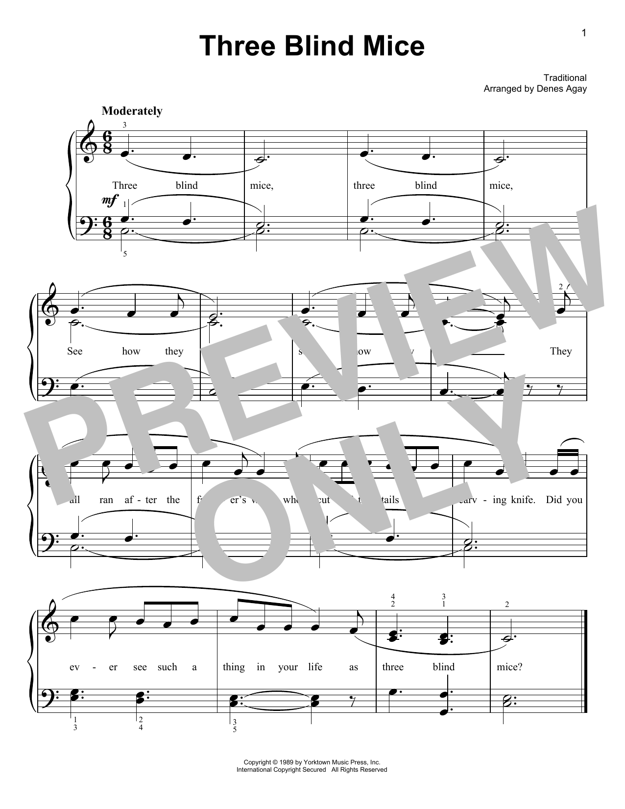 Download Traditional Three Blind Mice (arr. Denes Agay) Sheet Music and learn how to play Easy Piano PDF digital score in minutes