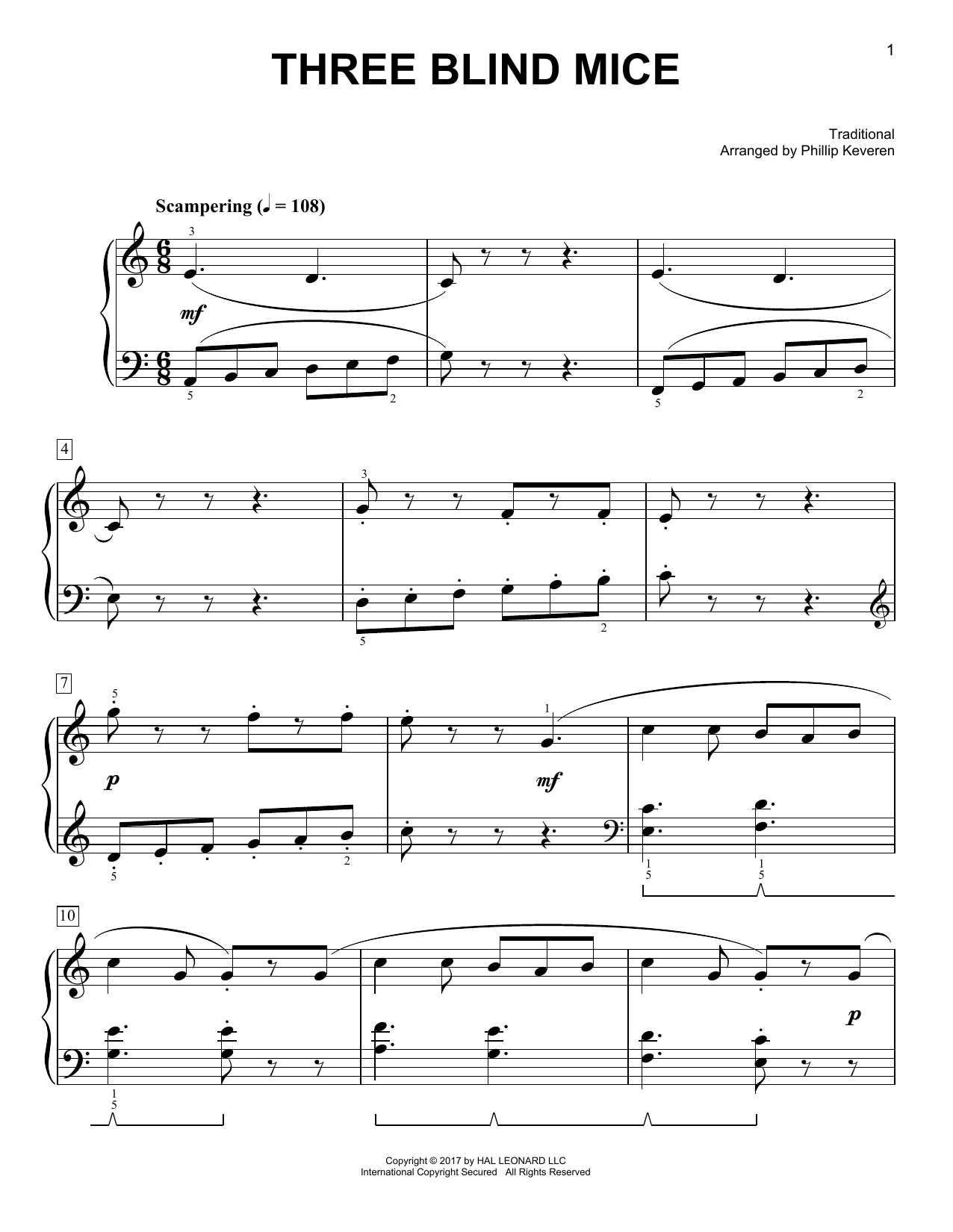 Download Phillip Keveren Three Blind Mice Sheet Music and learn how to play Easy Piano PDF digital score in minutes