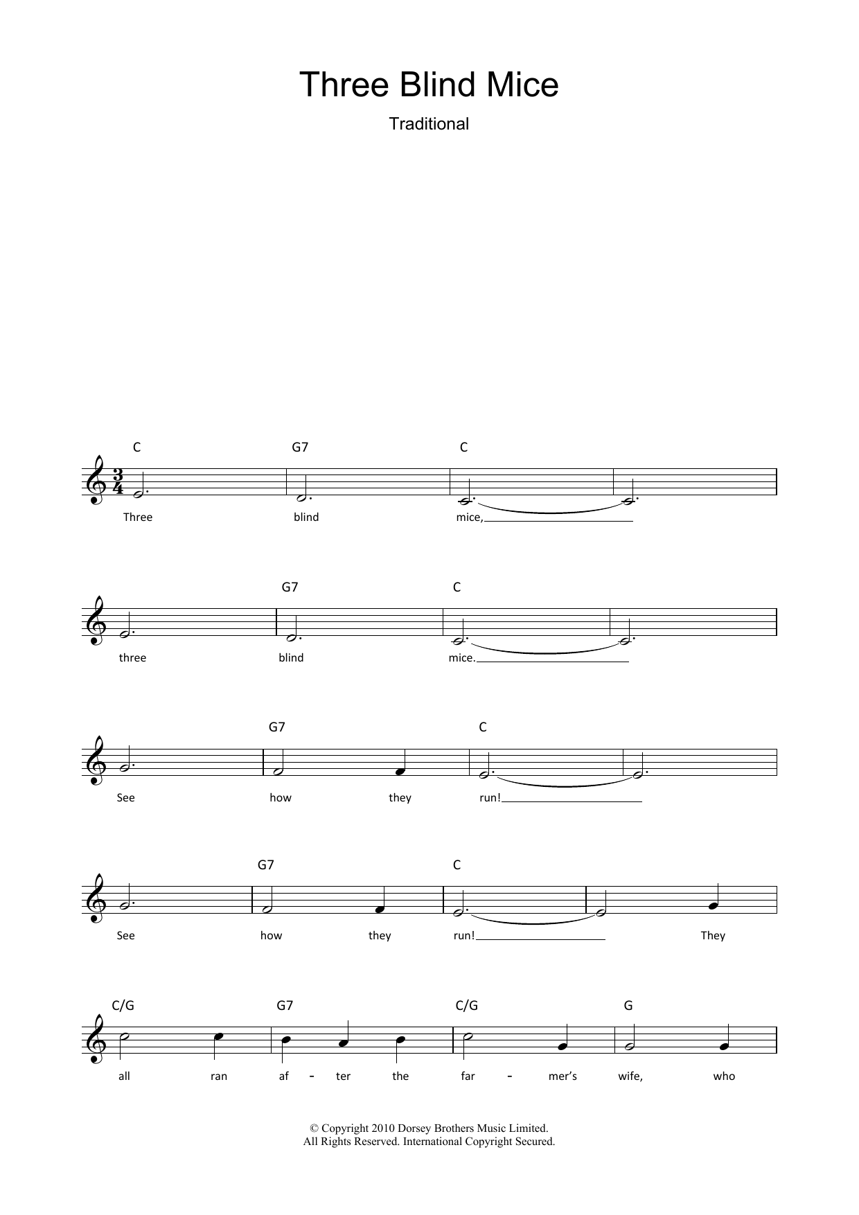 Download Traditional Three Blind Mice Sheet Music and learn how to play Melody Line, Lyrics & Chords PDF digital score in minutes