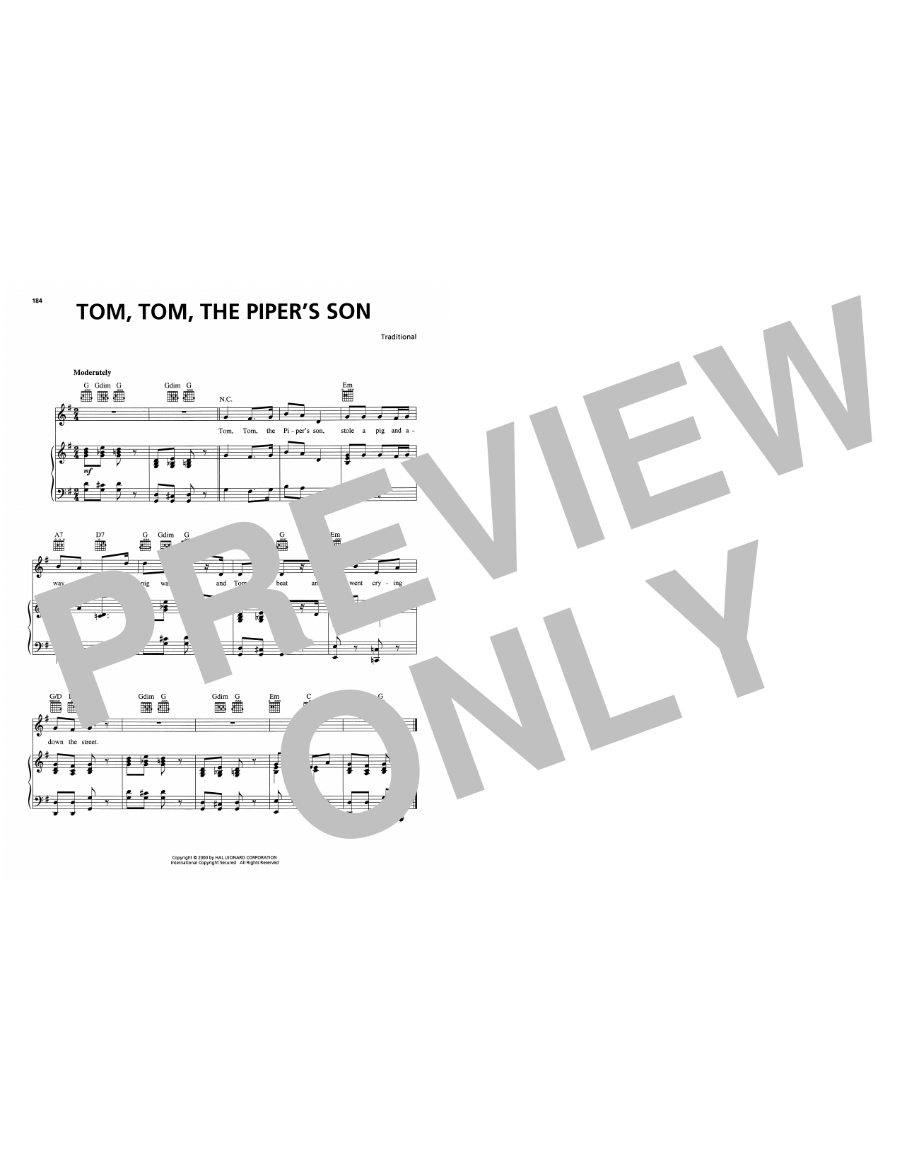 Download Traditional Tom, Tom, The Piper's Son Sheet Music and learn how to play Piano, Vocal & Guitar Chords (Right-Hand Melody) PDF digital score in minutes