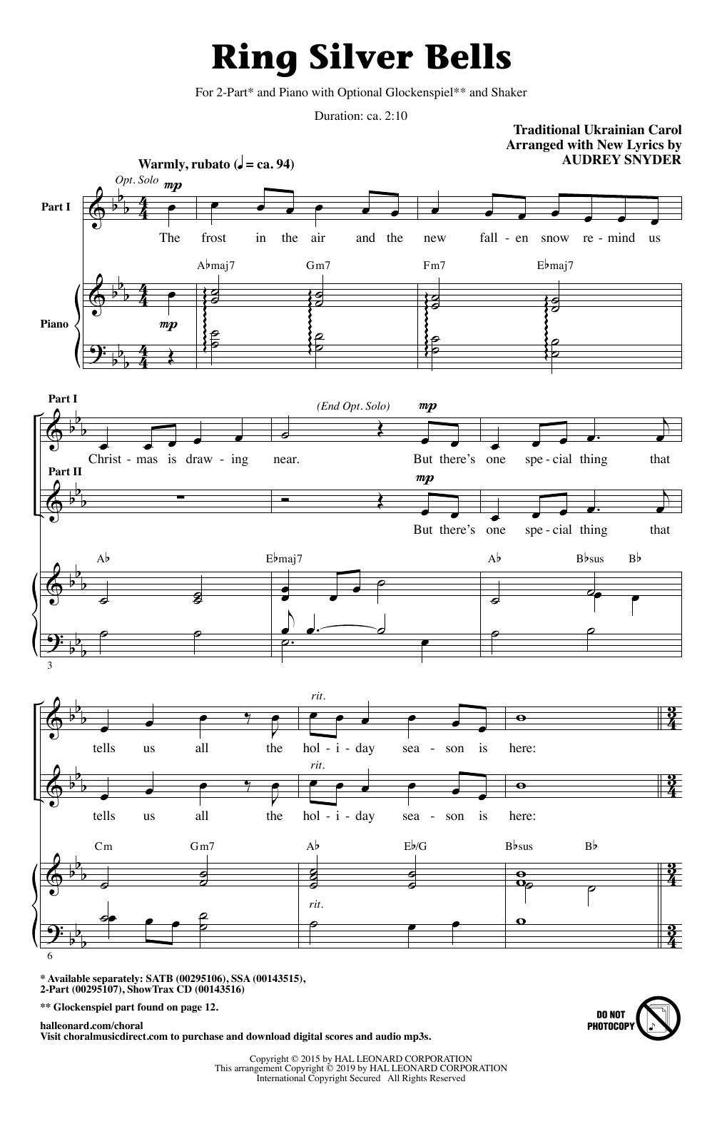 Download Traditional Ukrainian Carol Ring Silver Bells (arr. Audrey Snyder) Sheet Music and learn how to play 2-Part Choir PDF digital score in minutes