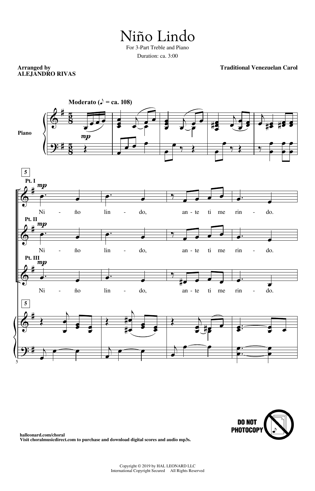 Download Traditional Venezuelan Carol Nino Lindo (arr. Alejandro Rivas) Sheet Music and learn how to play 3-Part Treble Choir PDF digital score in minutes
