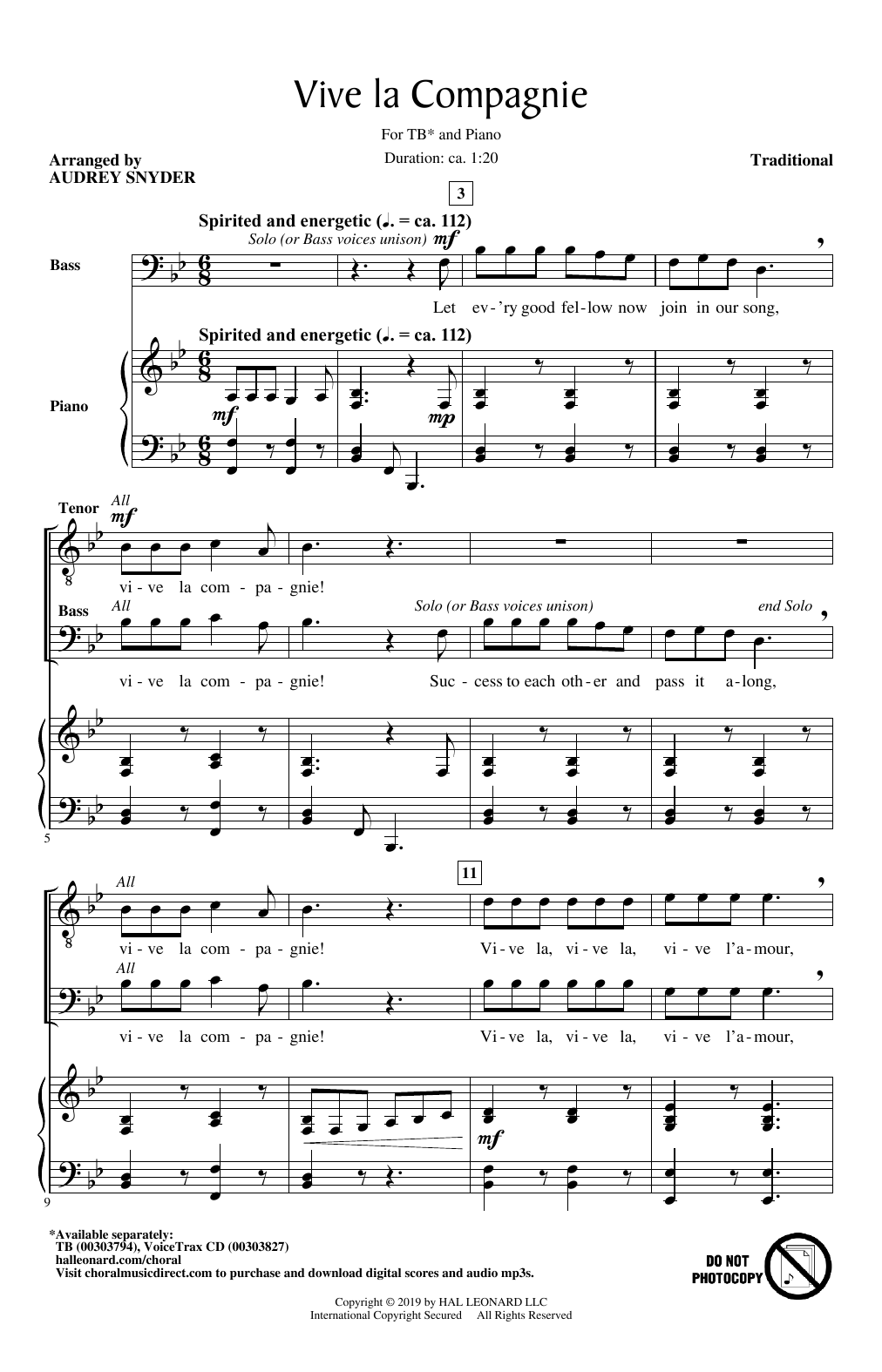 Download Traditional Vive La Compagnie (arr. Audrey Snyder) Sheet Music and learn how to play TB Choir PDF digital score in minutes