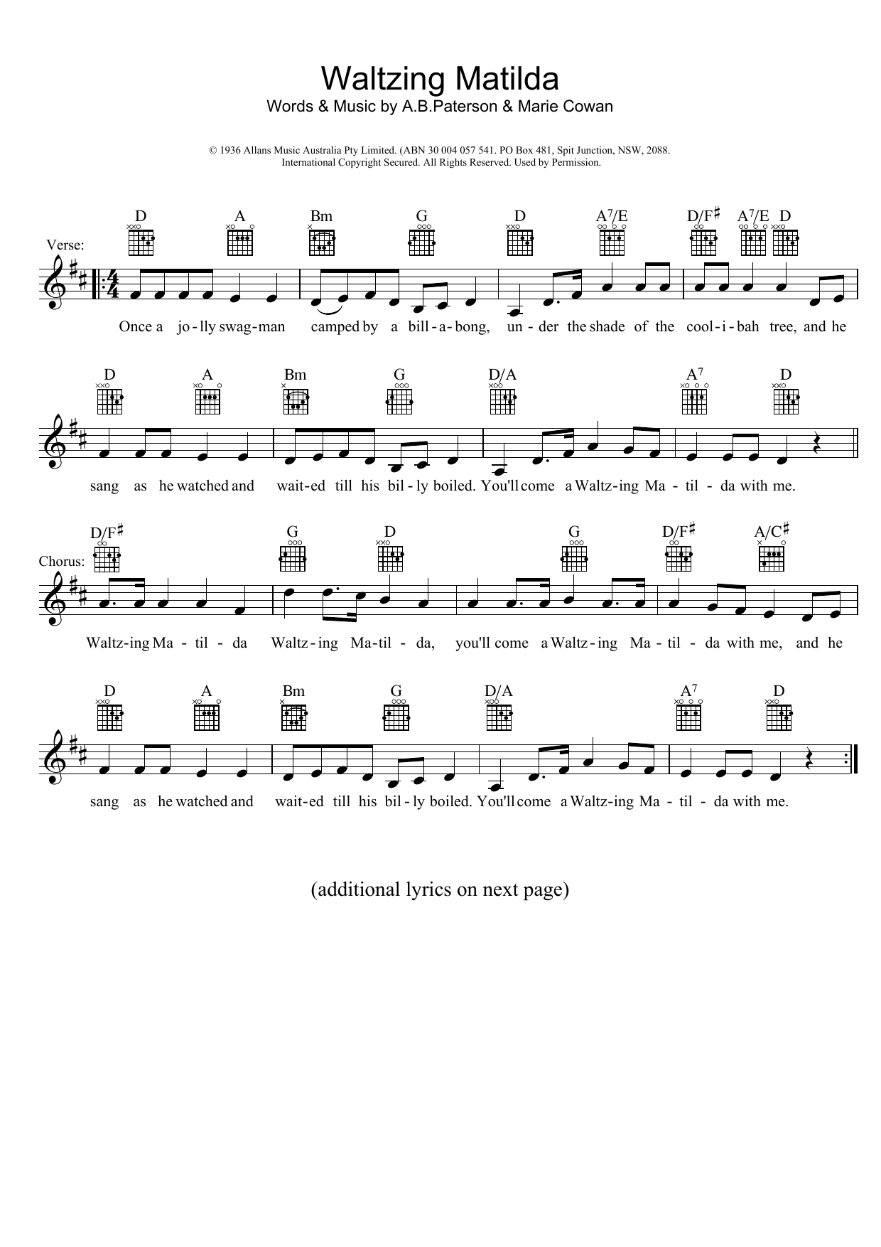 Download Traditional Waltzing Matilda Sheet Music and learn how to play Melody Line, Lyrics & Chords PDF digital score in minutes