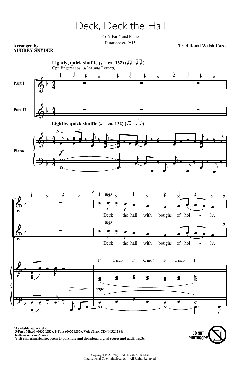 Download Traditional Welsh Carol Deck, Deck The Hall (arr. Audrey Snyder) Sheet Music and learn how to play 3-Part Mixed Choir PDF digital score in minutes