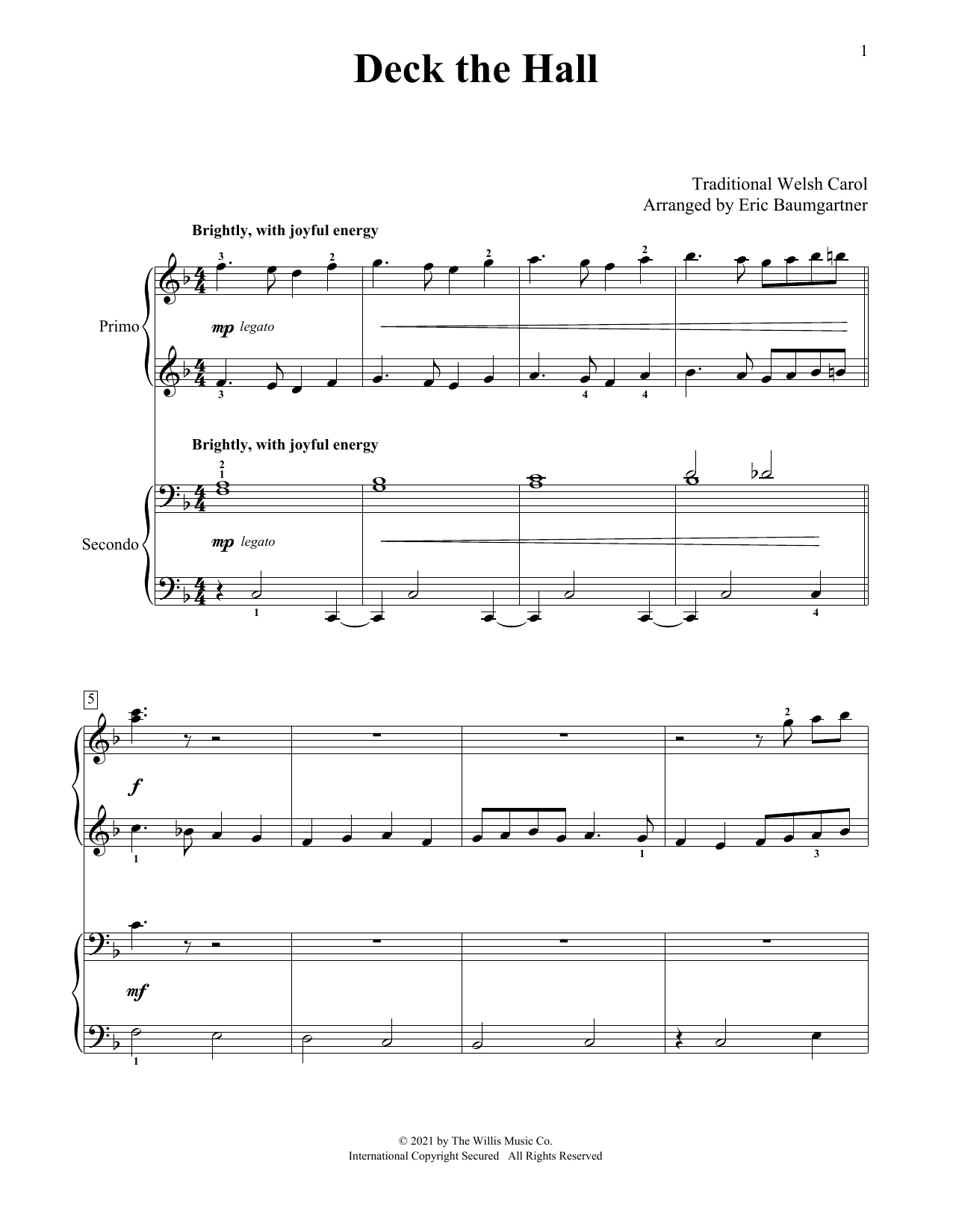 Download Traditional Welsh Carol Deck The Hall (arr. Eric Baumgartner) Sheet Music and learn how to play Piano Duet PDF digital score in minutes