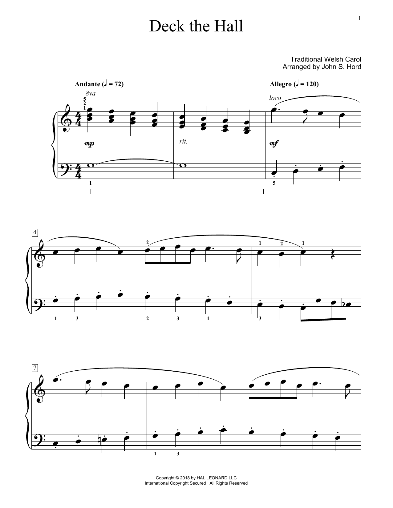 Download Traditional Welsh Carol Deck The Hall (arr. John S. Hord) Sheet Music and learn how to play Educational Piano PDF digital score in minutes