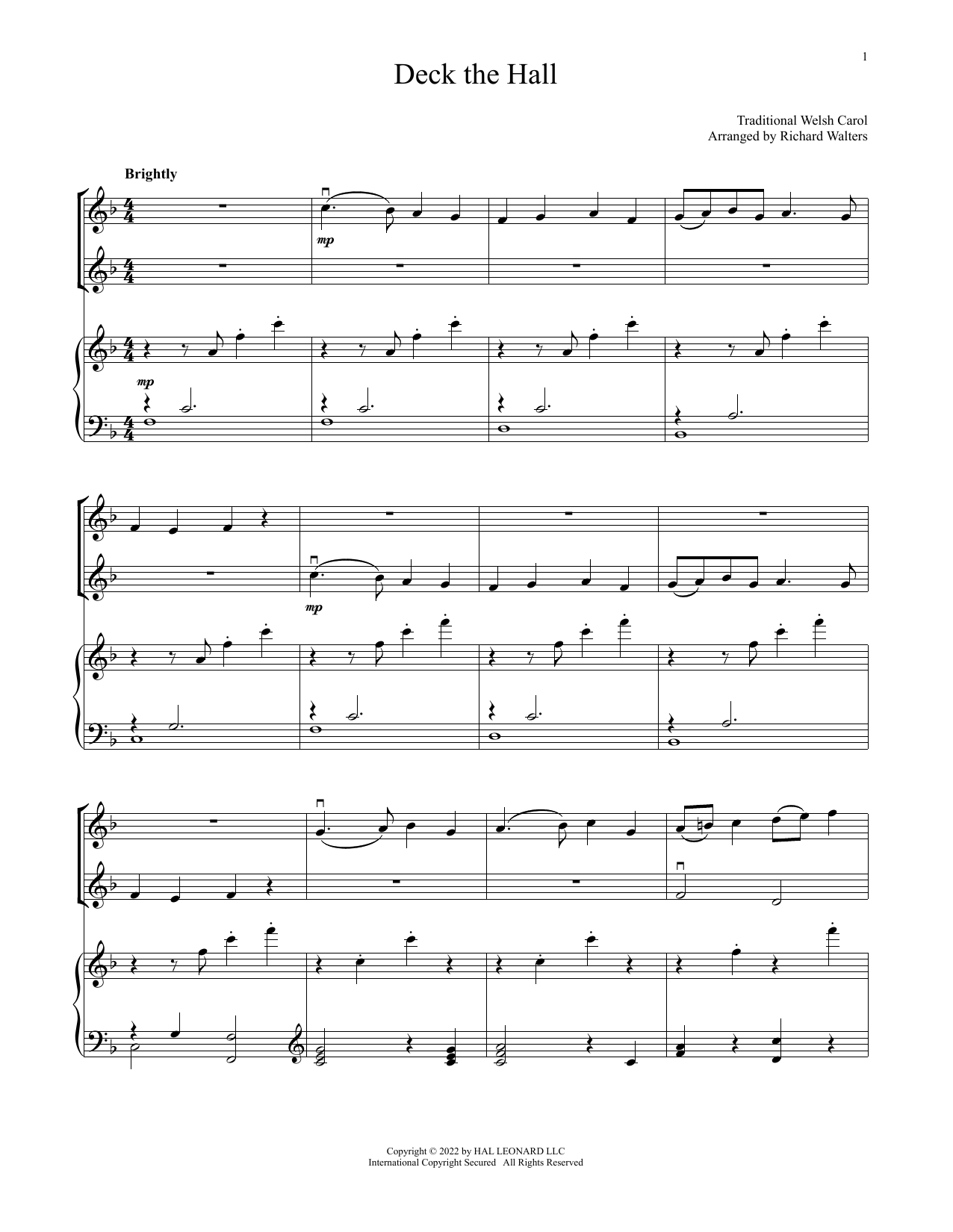 Download Traditional Welsh Carol Deck The Hall (for Violin Duet and Piano) Sheet Music and learn how to play Violin and Piano PDF digital score in minutes