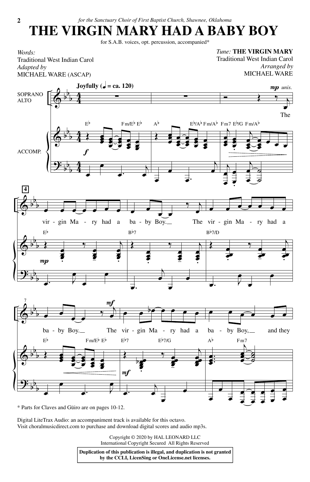 Download Traditional West Indian Carol The Virgin Mary Had A Baby Boy (arr. Michael Ware) Sheet Music and learn how to play SAB Choir PDF digital score in minutes