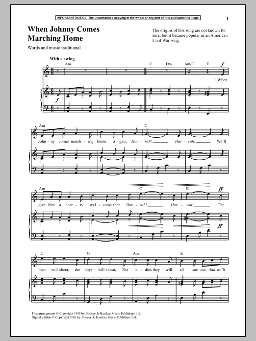 Download Traditional When Johnny Comes Marching Home Sheet Music and learn how to play Piano PDF digital score in minutes