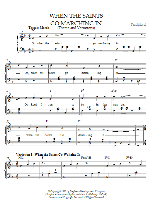 Download Traditional When The Saints Go Marching In (Theme and Variations) Sheet Music and learn how to play Easy Piano PDF digital score in minutes