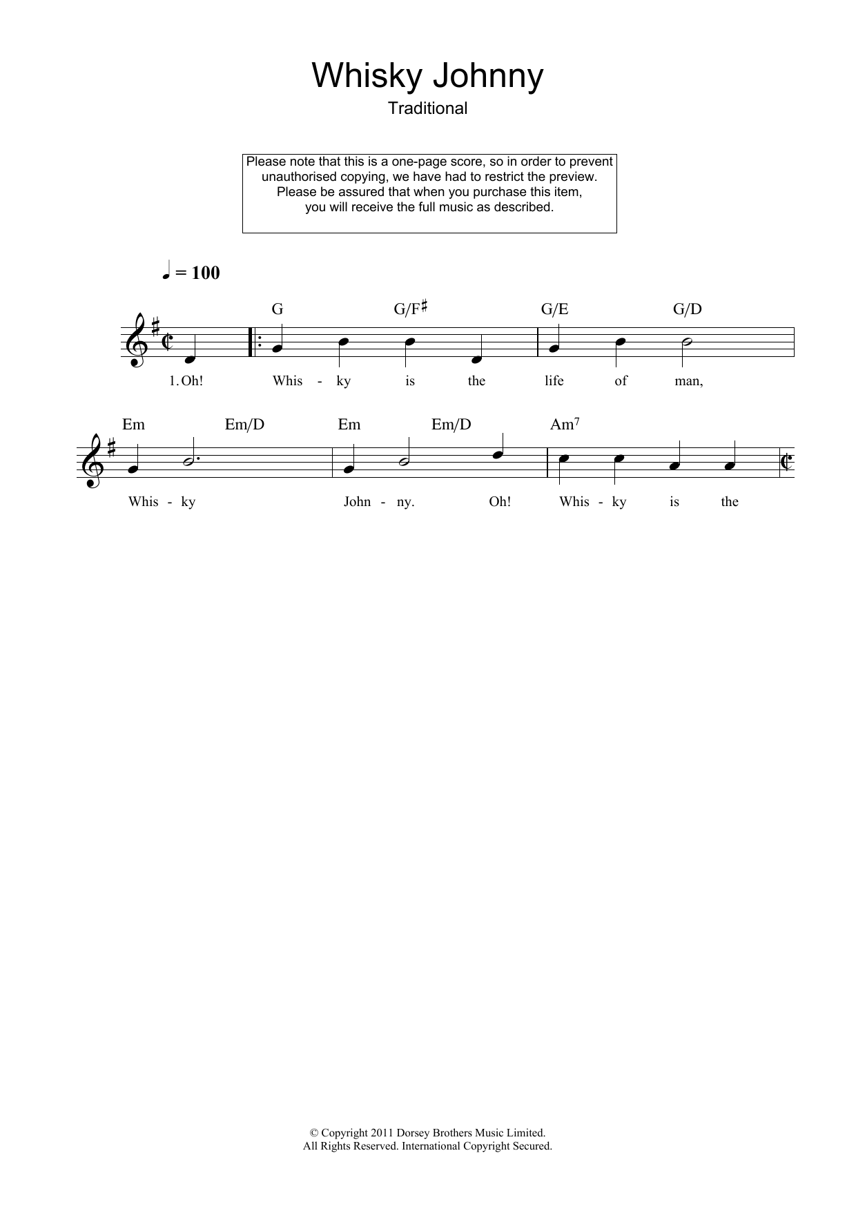 Download Traditional Whisky Johnny Sheet Music and learn how to play Melody Line, Lyrics & Chords PDF digital score in minutes