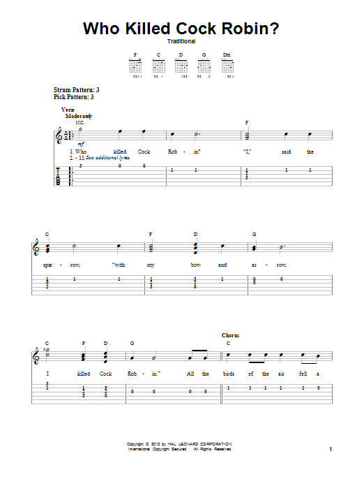 Download Traditional Who Killed Cock Robin? Sheet Music and learn how to play Easy Guitar Tab PDF digital score in minutes