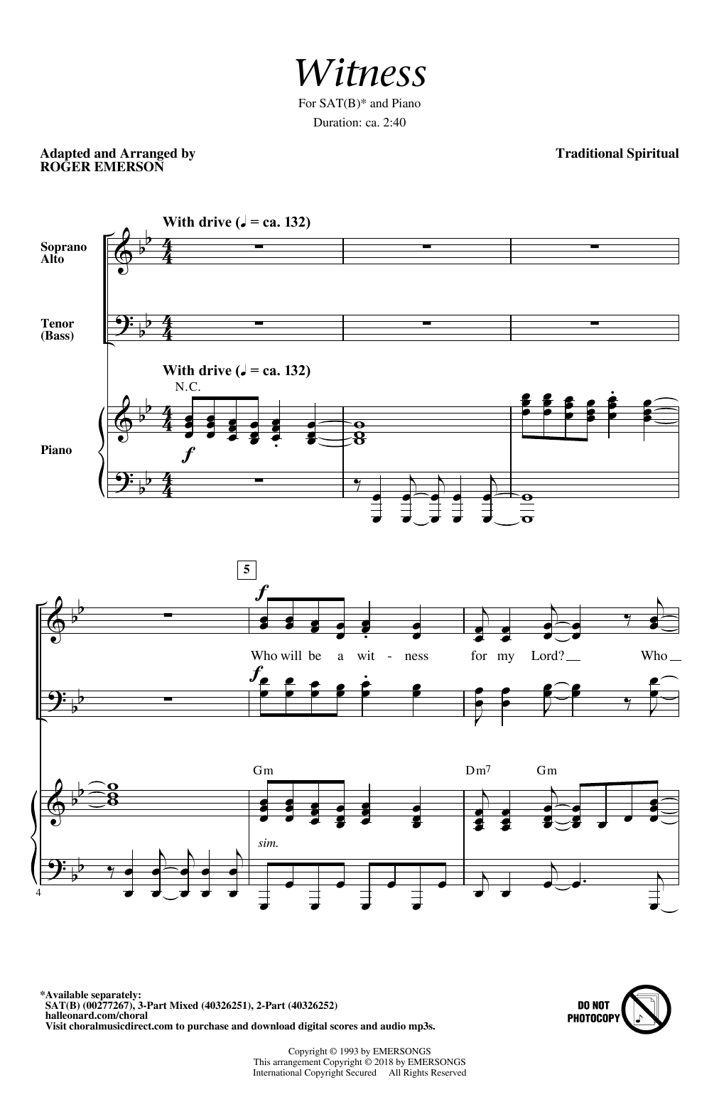 Download Traditional Witness (Arr. Roger Emerson) Sheet Music and learn how to play SATB Choir PDF digital score in minutes