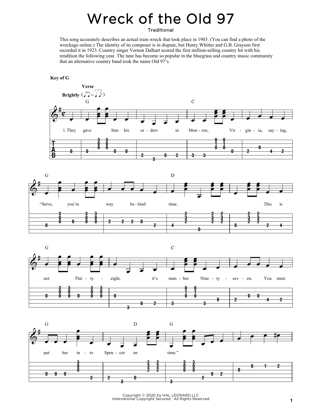Download Traditional Wreck Of The Old 97 (arr. Fred Sokolow) Sheet Music and learn how to play Solo Guitar PDF digital score in minutes