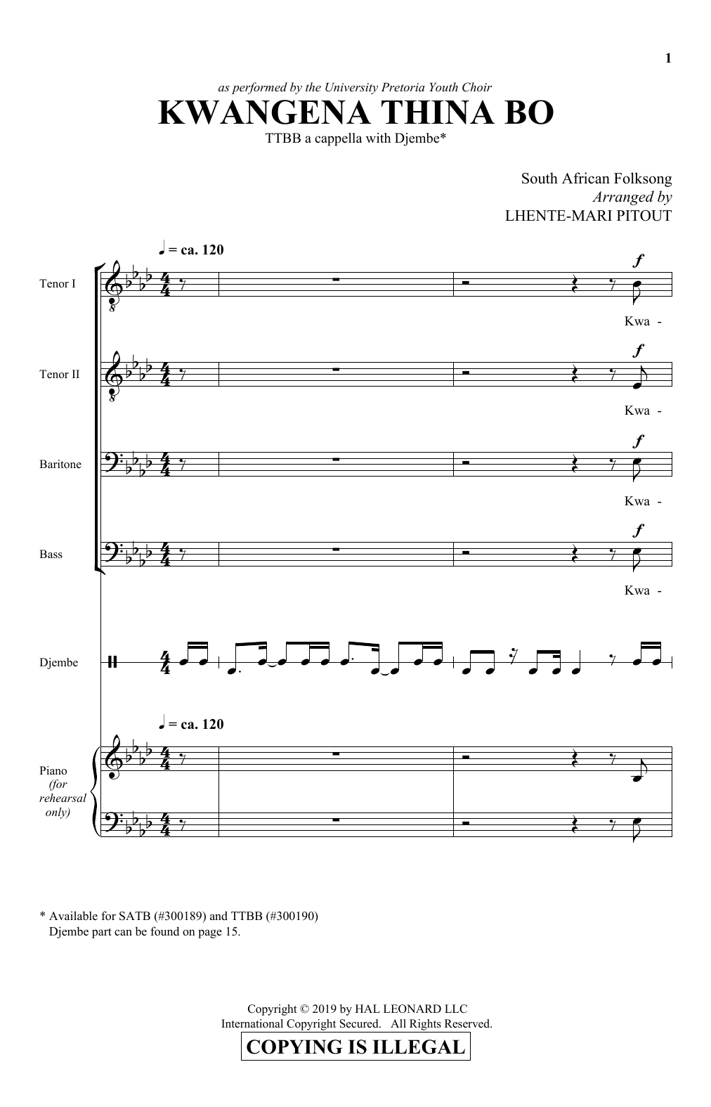 Download Traditional Xhosa Folk Song Kwangena Thina Bo (arr. Lhente-Mari Pitout) Sheet Music and learn how to play SATB Choir PDF digital score in minutes