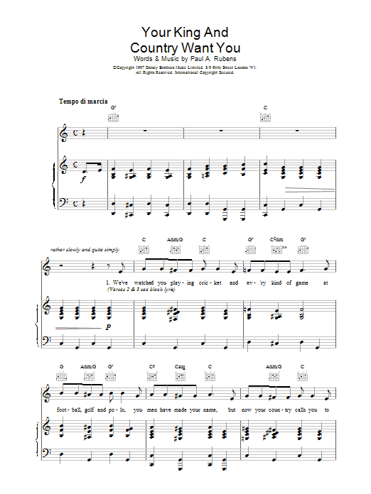 Download Traditional Your King And Country Want You Sheet Music and learn how to play Piano, Vocal & Guitar (Right-Hand Melody) PDF digital score in minutes
