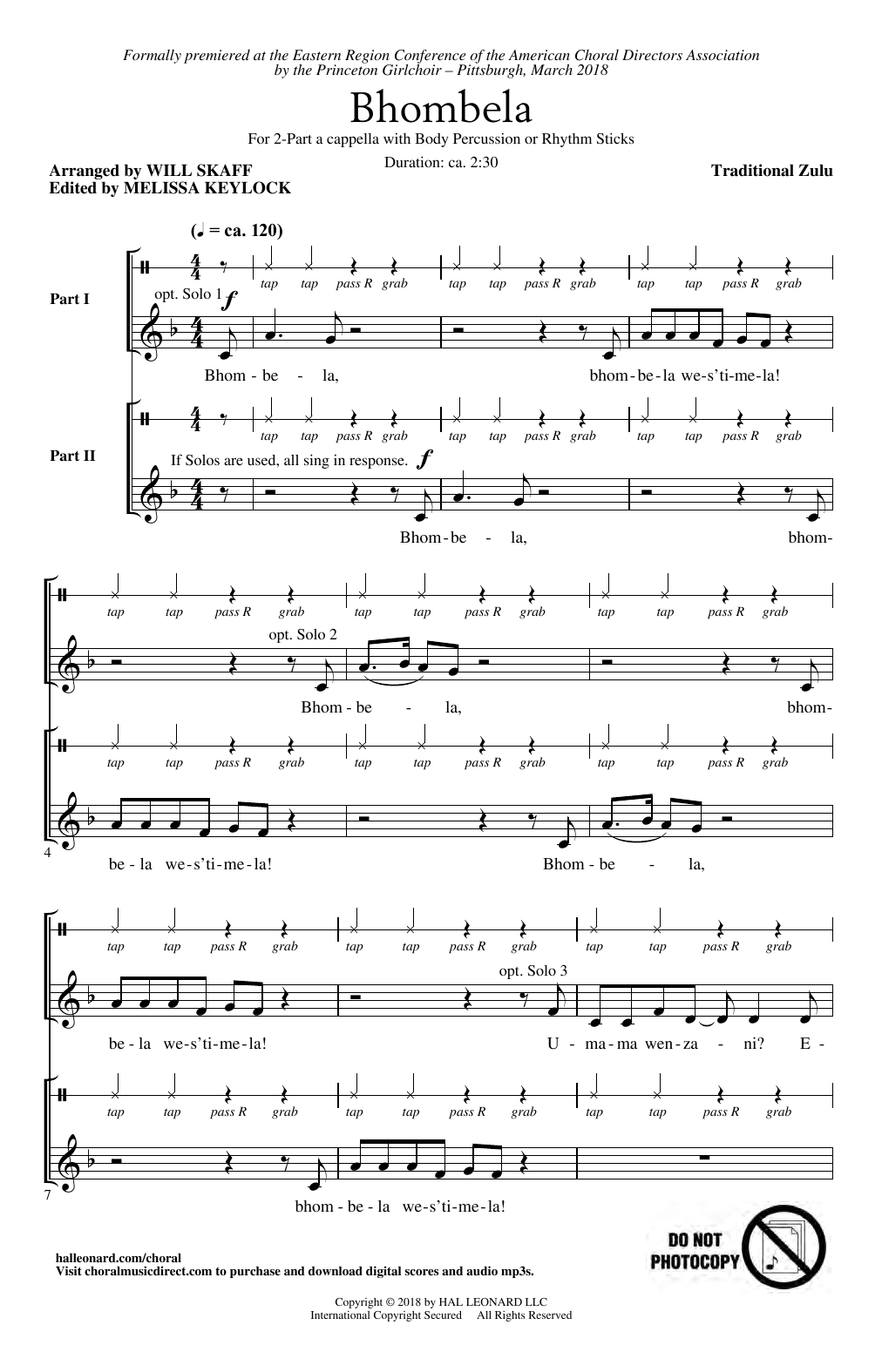 Download Traditional Zulu Bhombela (arr. Will Skaff) Sheet Music and learn how to play 2-Part Choir PDF digital score in minutes