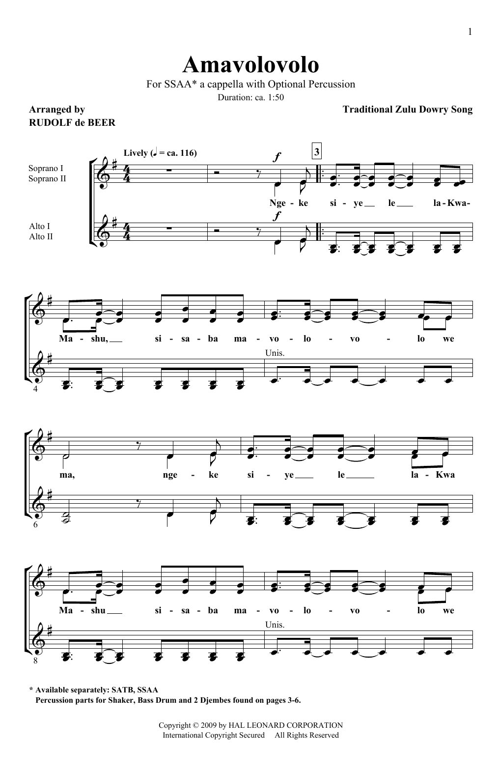 Download Traditional Zulu Dowry Song Amavolovolo (arr. Rudolf de Beer) Sheet Music and learn how to play SSAA Choir PDF digital score in minutes