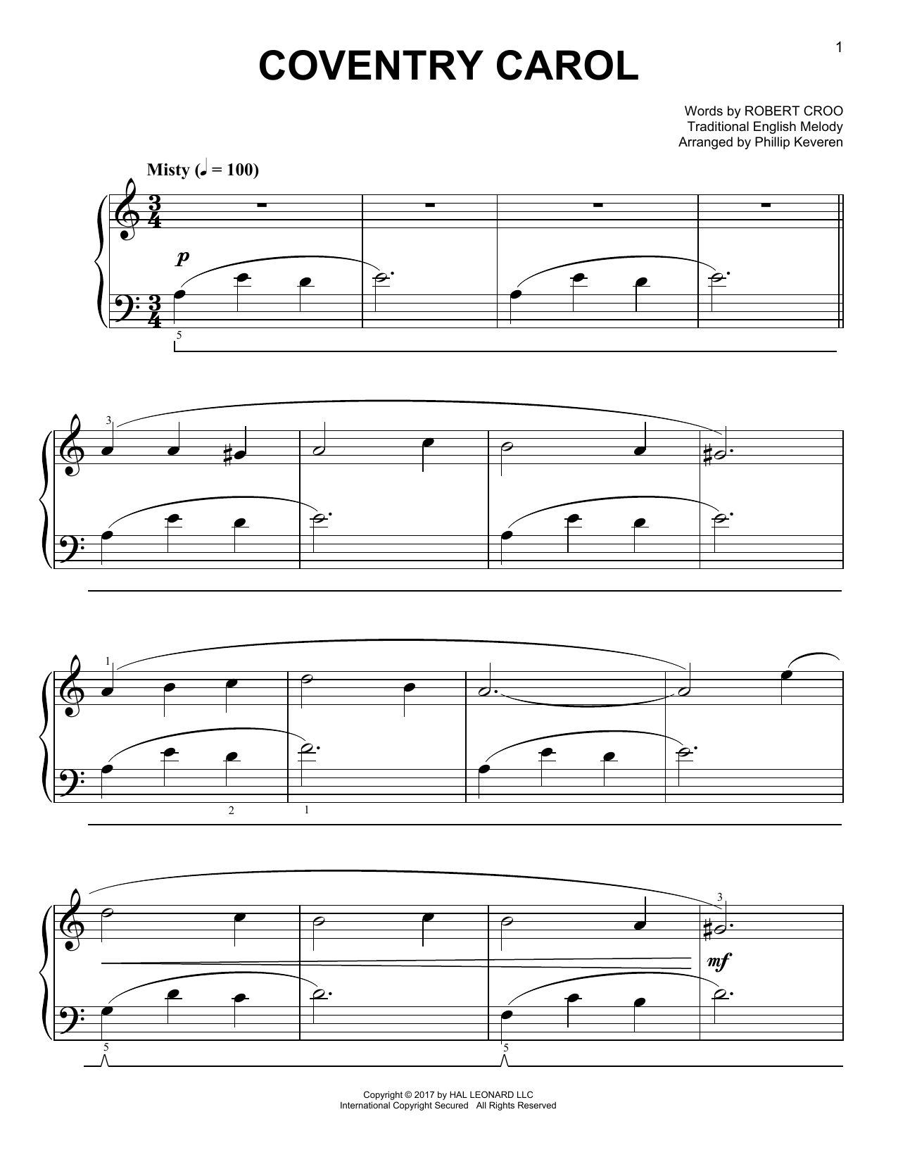 Traditional English Melody Coventry Carol Classical Version Arr Phillip Keveren Sheet 1470