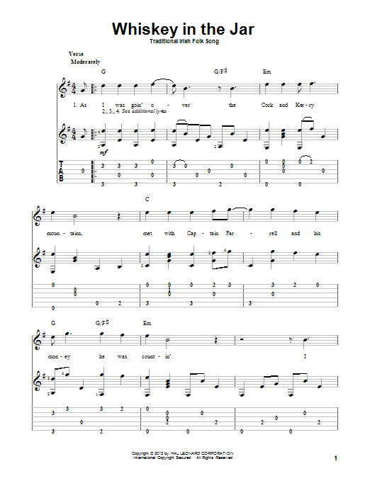 Traditional Irish Folk Song Whiskey In The Jar Sheet Music Notes 