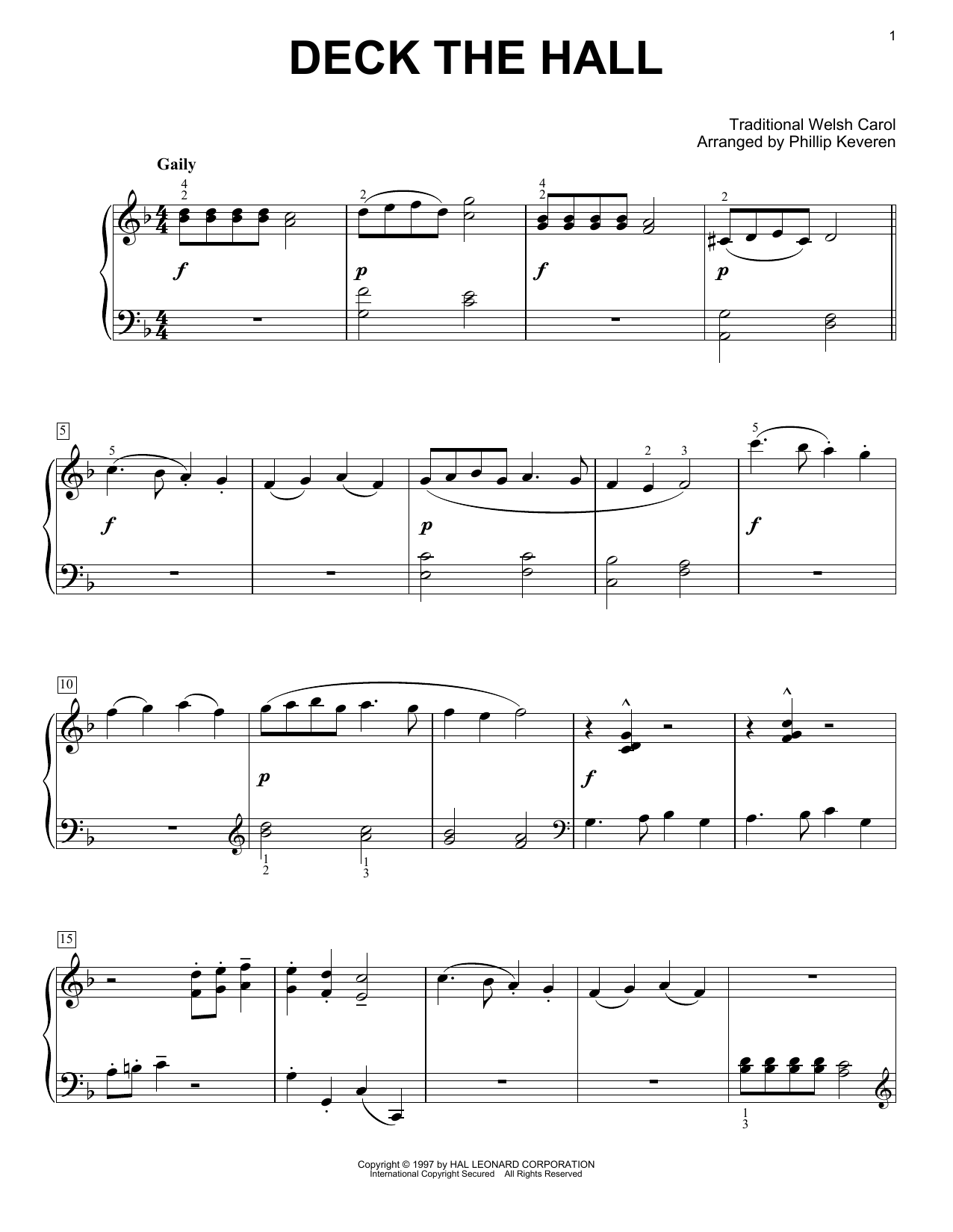 Traditional Welsh Carol Deck The Hall arr Phillip Keveren Sheet 