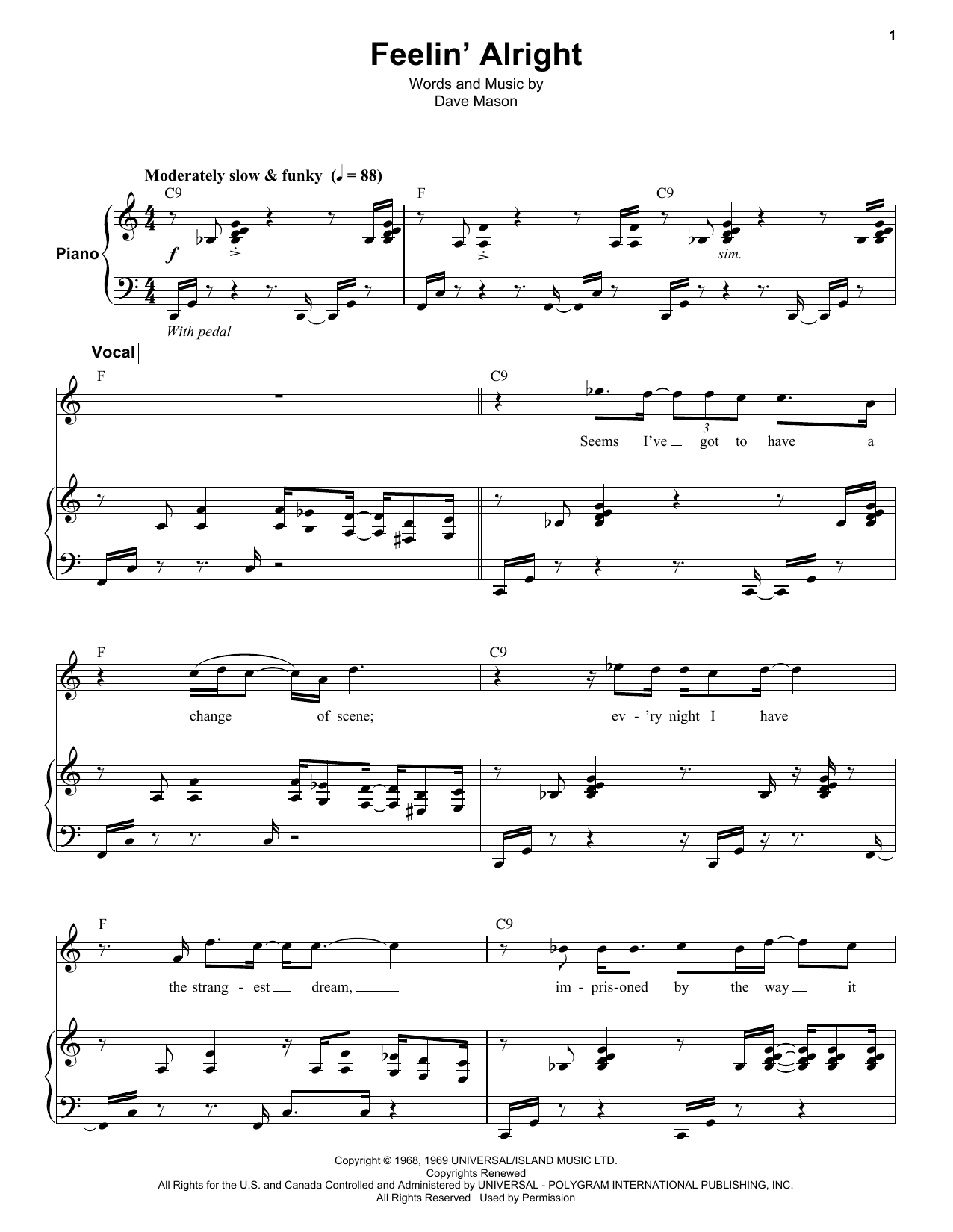 Download Traffic Feelin' Alright Sheet Music and learn how to play Keyboard Transcription PDF digital score in minutes