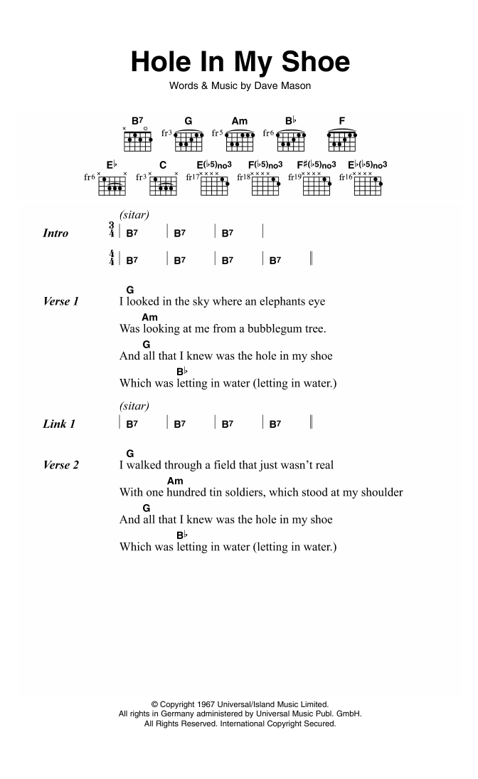 Download Traffic Hole In My Shoe Sheet Music and learn how to play Lyrics & Chords PDF digital score in minutes