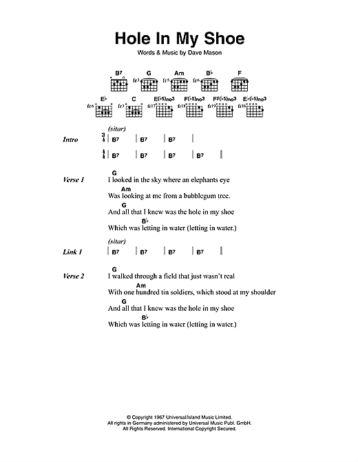 Download Traffic Hole In My Shoe Sheet Music and learn how to play Lyrics & Chords PDF digital score in minutes