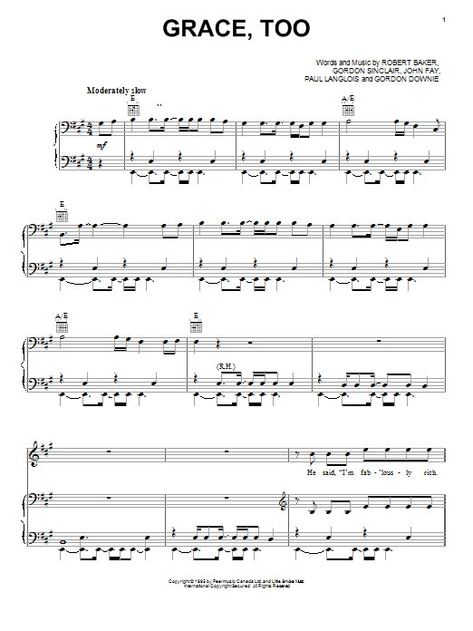 Download Tragically Hip Grace, Too Sheet Music and learn how to play Piano, Vocal & Guitar (Right-Hand Melody) PDF digital score in minutes