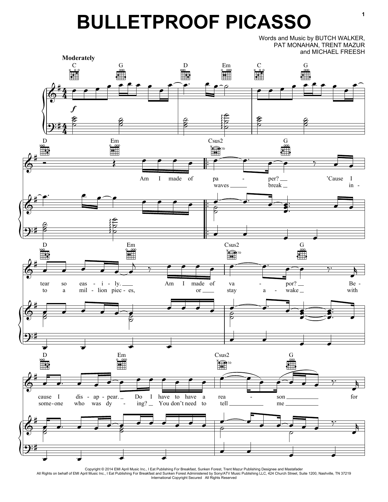 Download Train Bulletproof Picasso Sheet Music and learn how to play Piano, Vocal & Guitar (Right-Hand Melody) PDF digital score in minutes