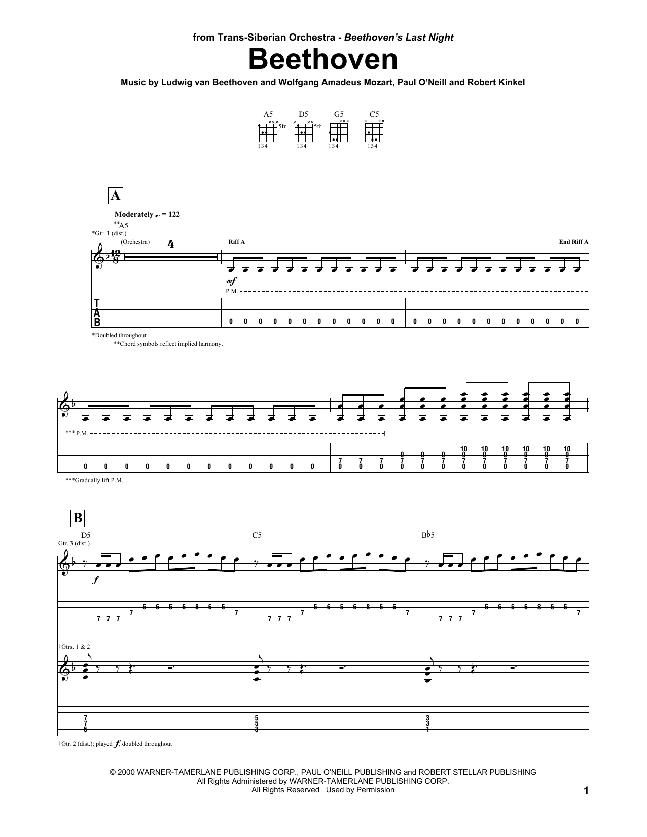 Download Trans-Siberian Orchestra Beethoven Sheet Music and learn how to play Guitar Tab PDF digital score in minutes