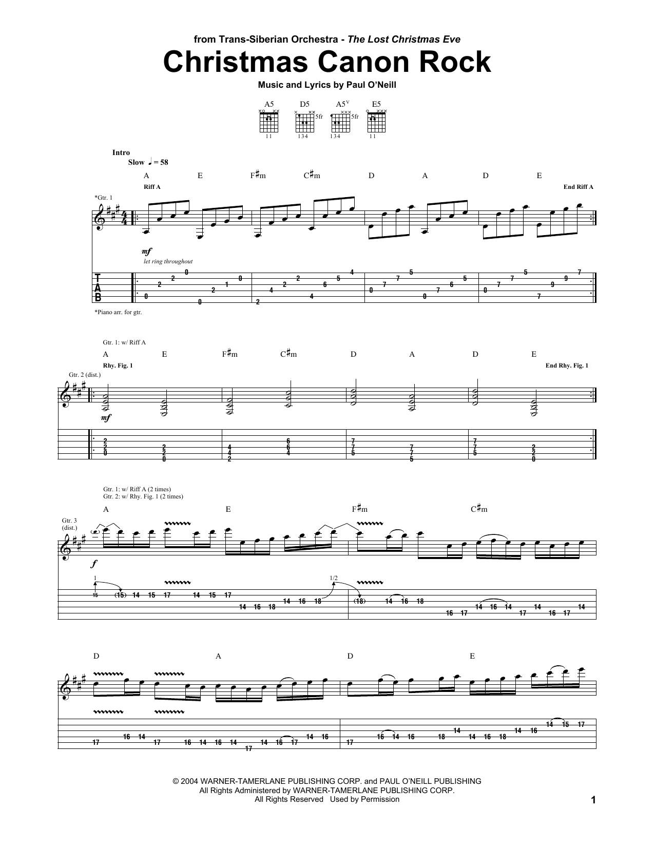 Download Trans-Siberian Orchestra Christmas Canon Rock Sheet Music and learn how to play Piano, Vocal & Guitar Chords (Right-Hand Melody) PDF digital score in minutes