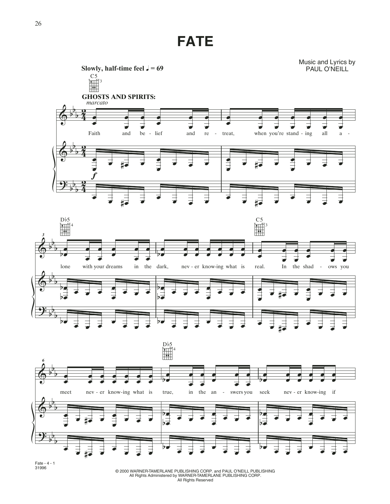 Download Trans-Siberian Orchestra Fate Sheet Music and learn how to play Piano, Vocal & Guitar Chords (Right-Hand Melody) PDF digital score in minutes