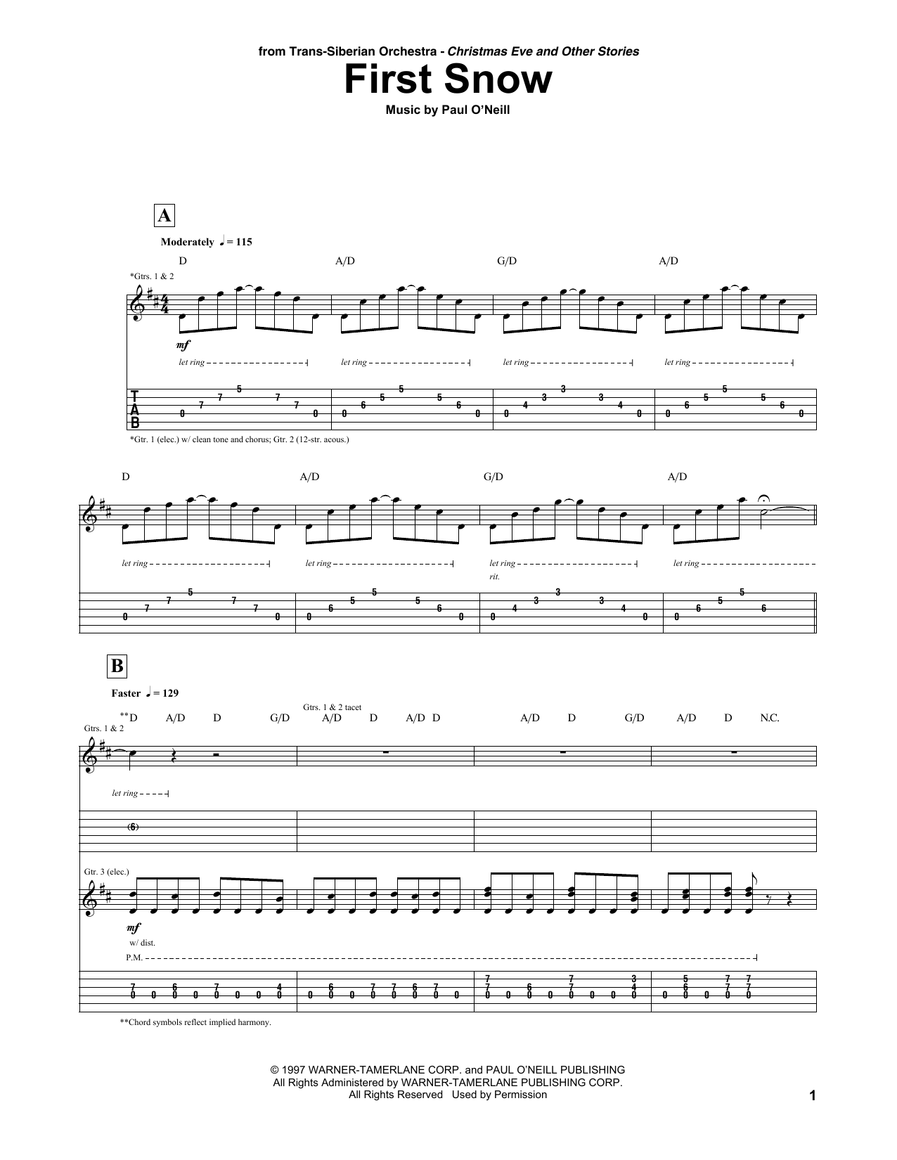Download Trans-Siberian Orchestra First Snow Sheet Music and learn how to play Guitar Tab PDF digital score in minutes
