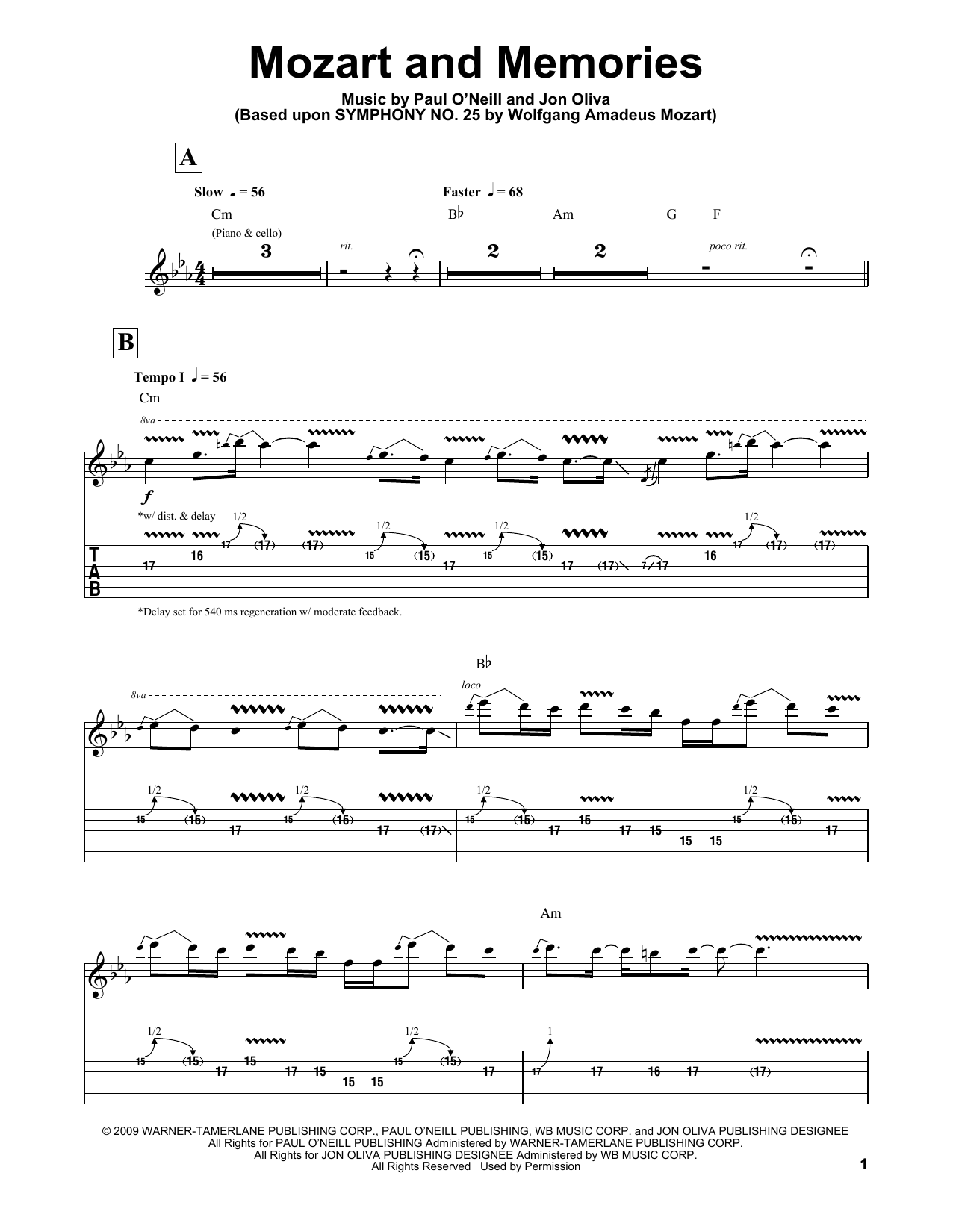 Download Trans-Siberian Orchestra Mozart And Memories Sheet Music and learn how to play Guitar Tab Play-Along PDF digital score in minutes