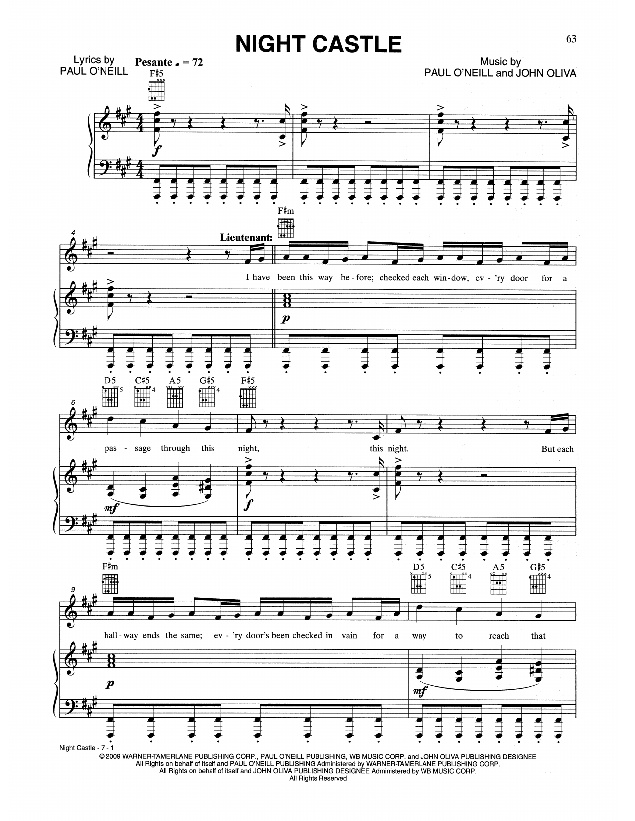 Download Trans-Siberian Orchestra Night Castle Sheet Music and learn how to play Piano, Vocal & Guitar Chords (Right-Hand Melody) PDF digital score in minutes