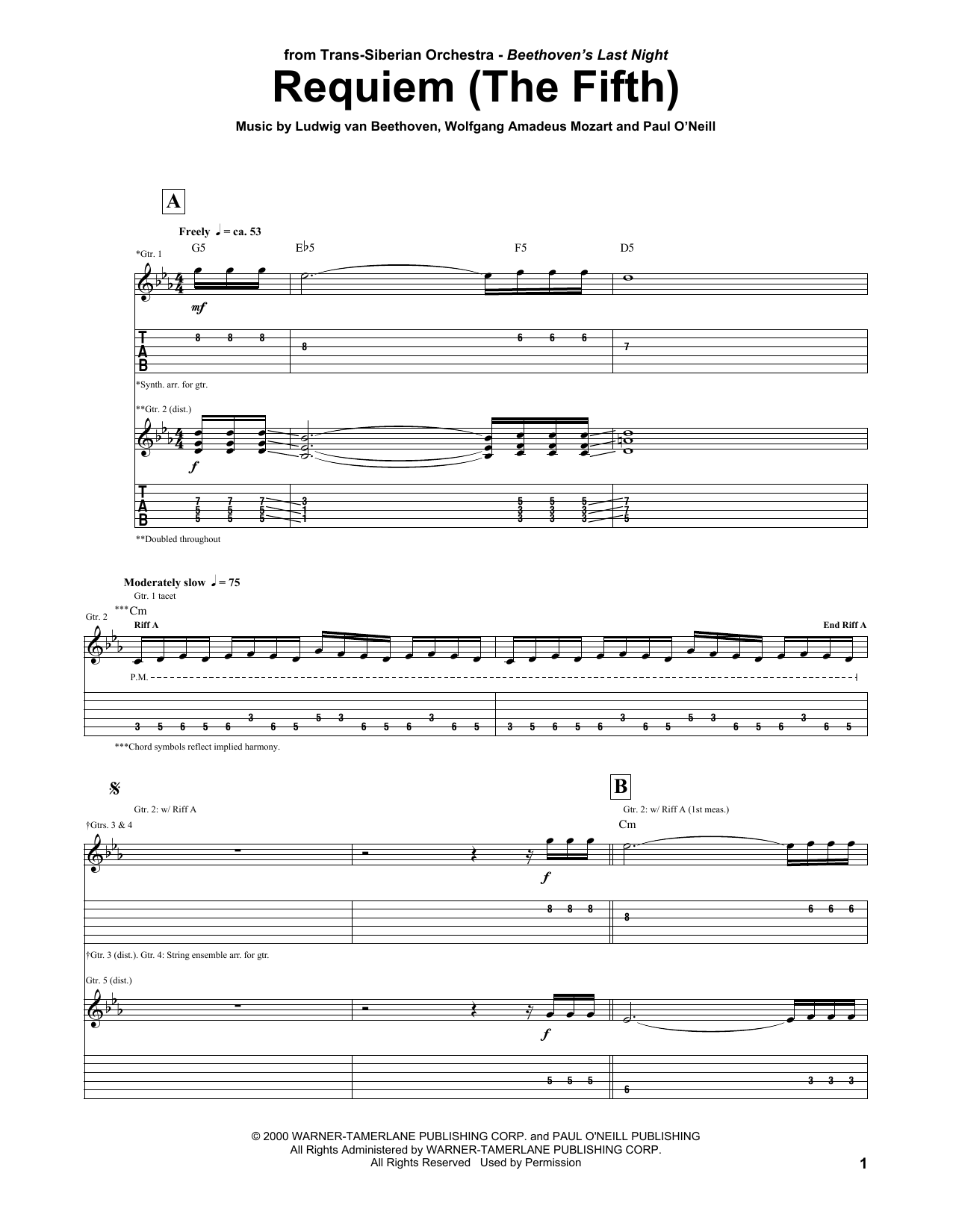 Download Trans-Siberian Orchestra Requiem (The Fifth) Sheet Music and learn how to play Guitar Tab PDF digital score in minutes