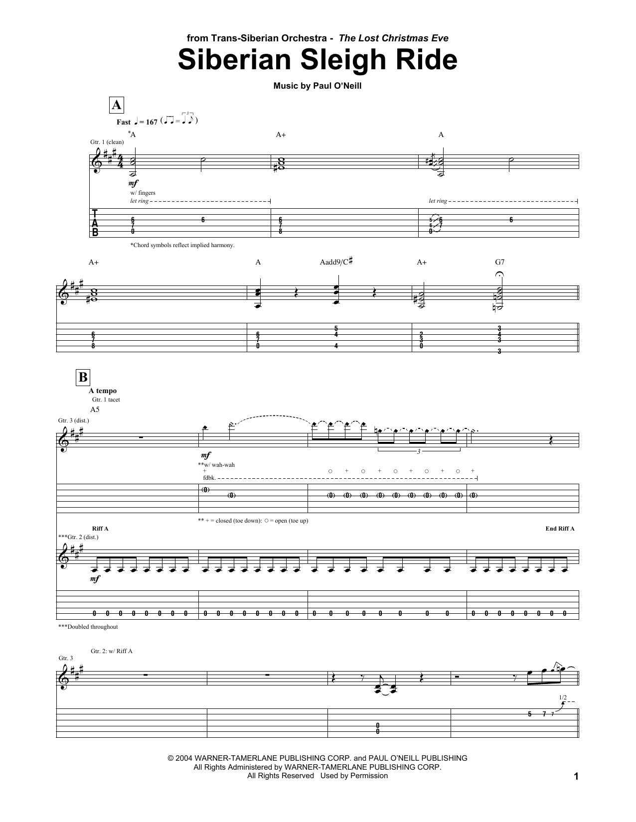Download Trans-Siberian Orchestra Siberian Sleigh Ride Sheet Music and learn how to play Guitar Tab Play-Along PDF digital score in minutes