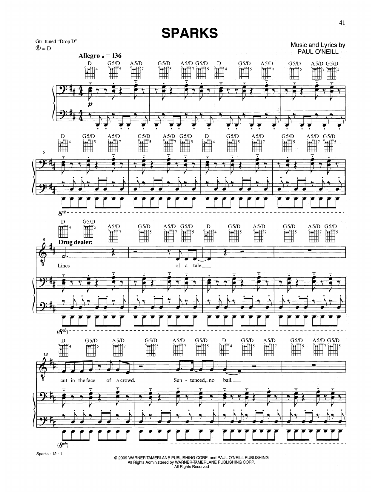 Download Trans-Siberian Orchestra Sparks Sheet Music and learn how to play Piano, Vocal & Guitar Chords (Right-Hand Melody) PDF digital score in minutes