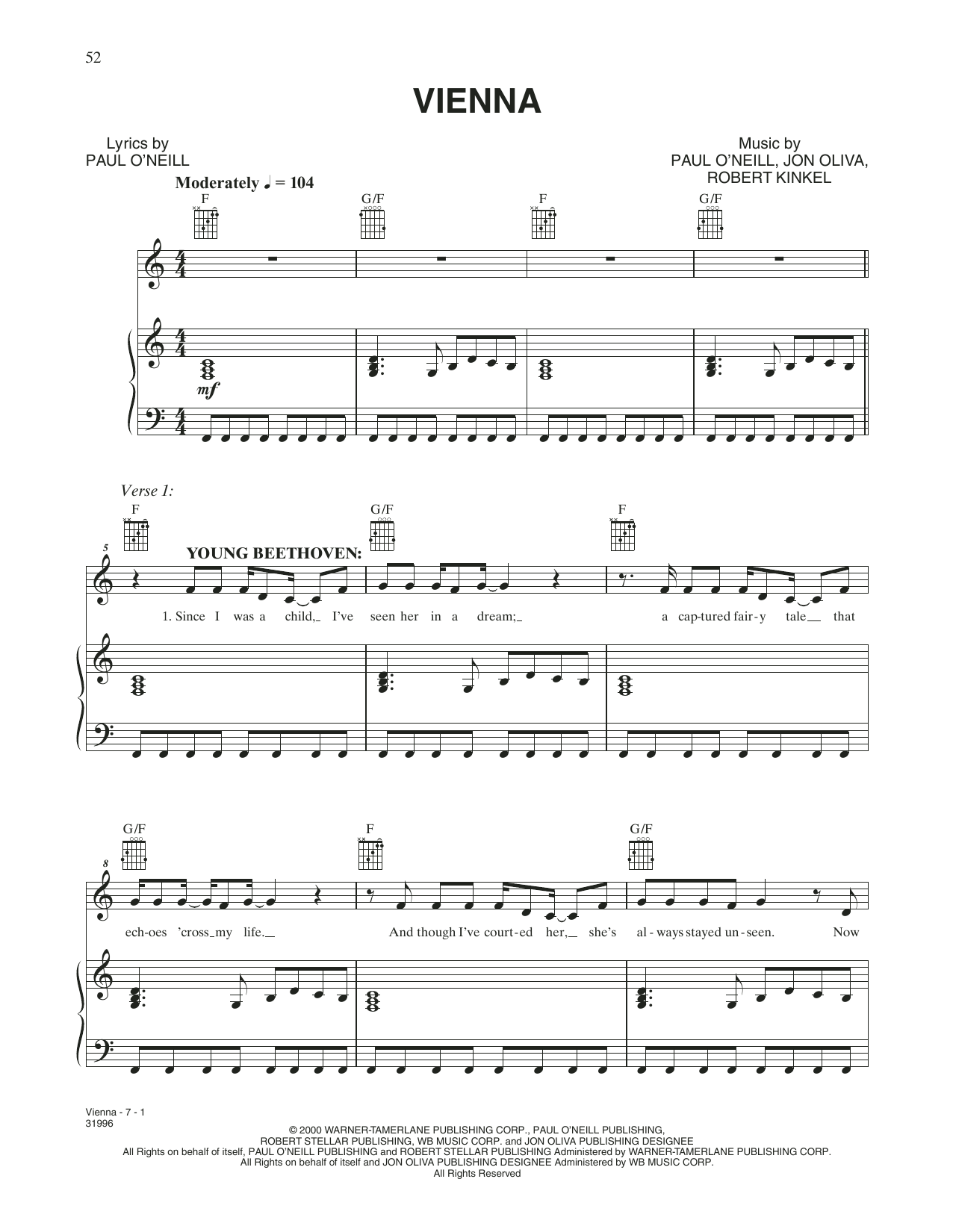 Download Trans-Siberian Orchestra Vienna Sheet Music and learn how to play Piano, Vocal & Guitar Chords (Right-Hand Melody) PDF digital score in minutes