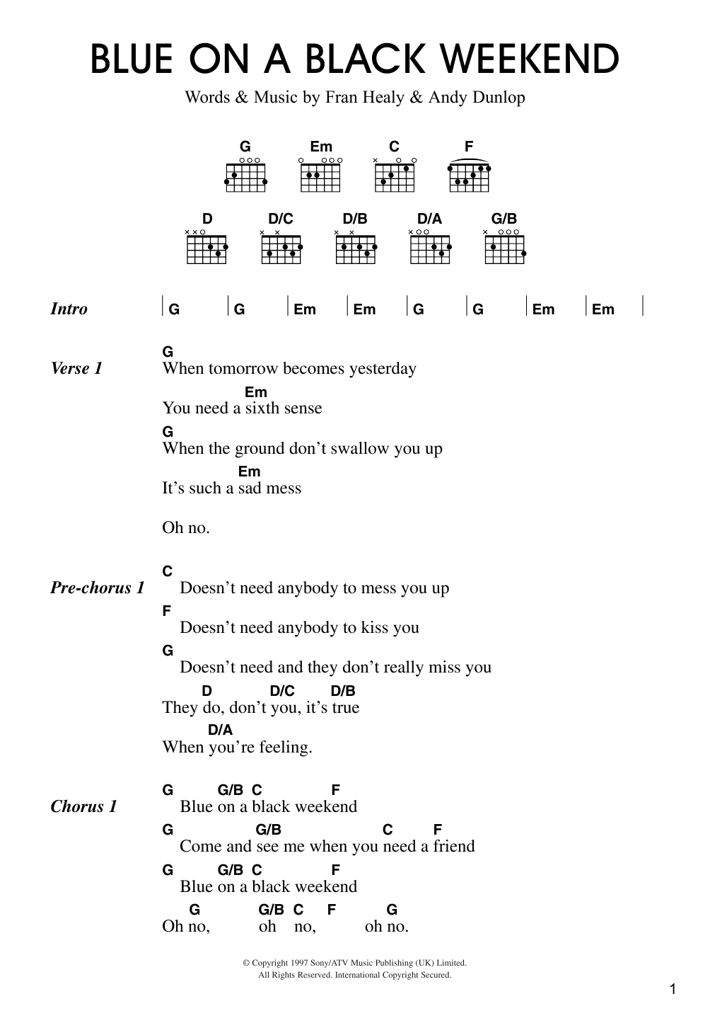 Download Travis Blue On A Black Weekend Sheet Music and learn how to play Lyrics & Chords PDF digital score in minutes