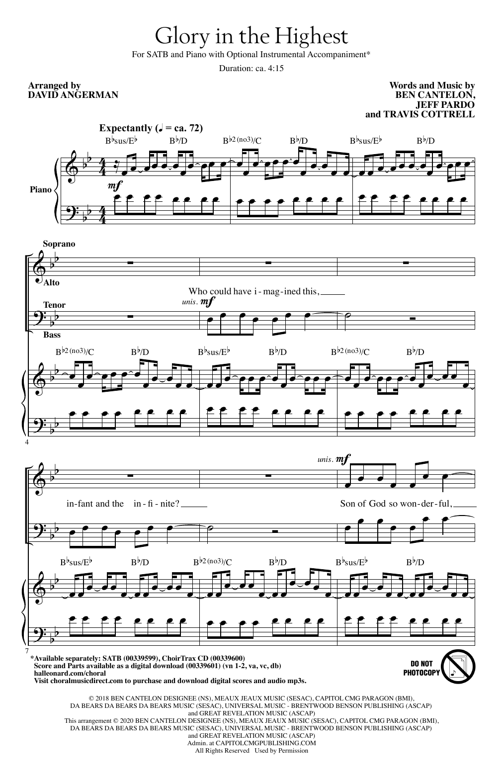 Download Travis Cottrell Glory In The Highest (arr. David Angerman) Sheet Music and learn how to play SATB Choir PDF digital score in minutes