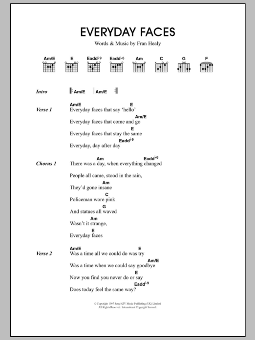 Download Travis Everyday Faces Sheet Music and learn how to play Lyrics & Chords PDF digital score in minutes