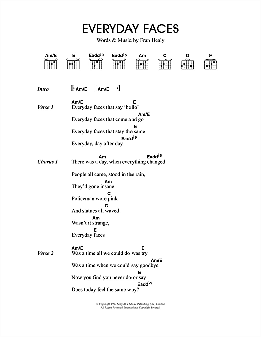 Download Travis Everyday Faces Sheet Music and learn how to play Lyrics & Chords PDF digital score in minutes