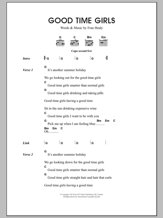 Download Travis Good Time Girls Sheet Music and learn how to play Lyrics & Chords PDF digital score in minutes